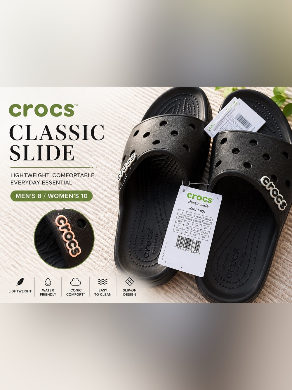 Crocs Classic Slide Black Unisex Sandals M8/W10 NWT Comfort Recovery